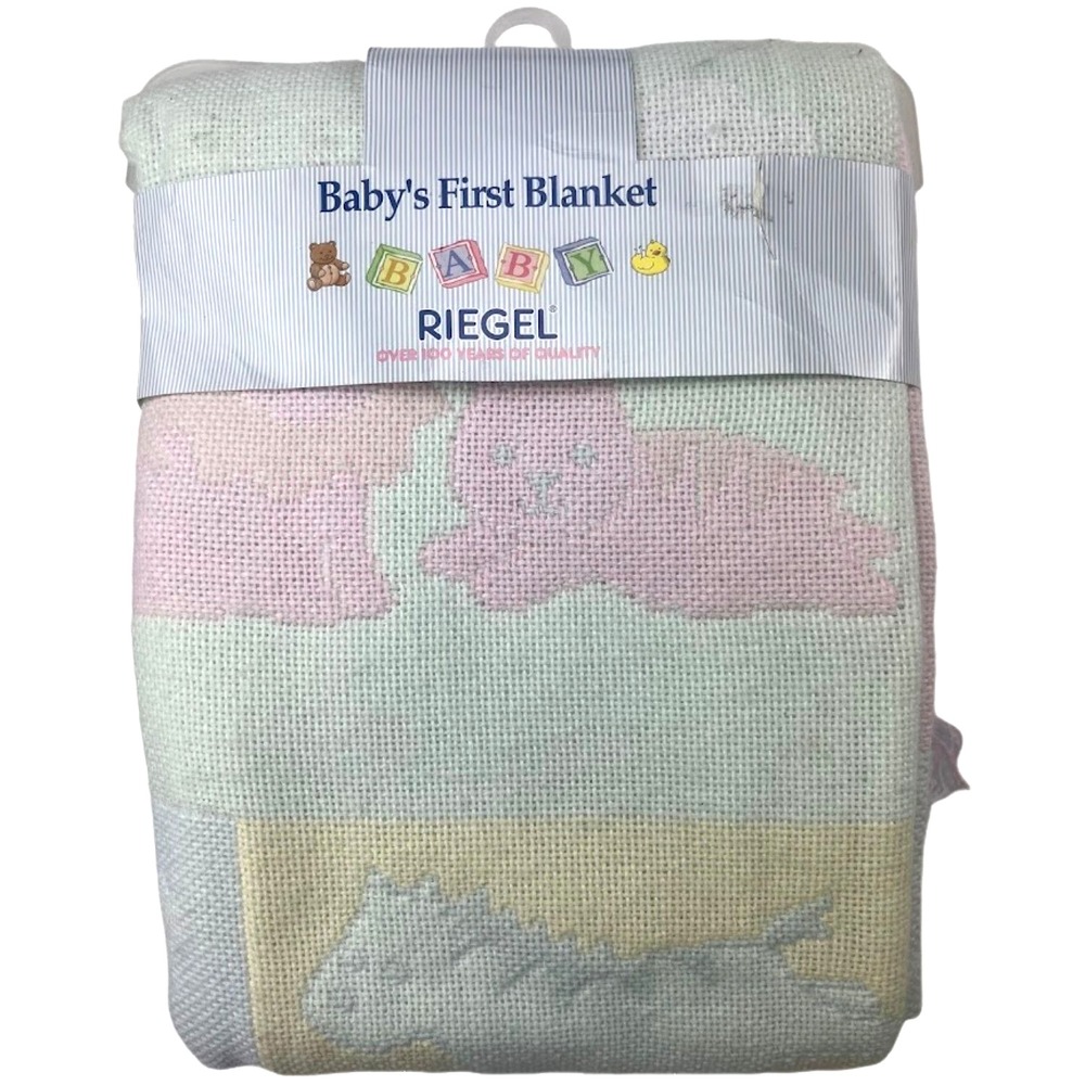 Riegel Unisex Woven Baby Blanket Tapestry Fringe Pastel Animals 1st NWT